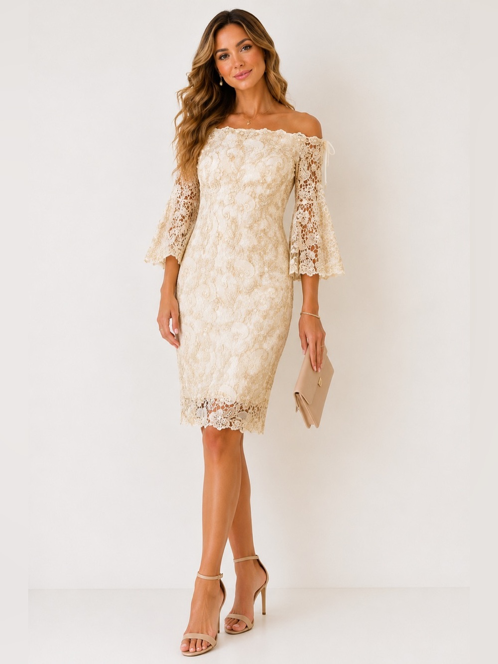 MARINA Off Shoulder Lace Cocktail Dress Size 8 Cream Gold Embroidered